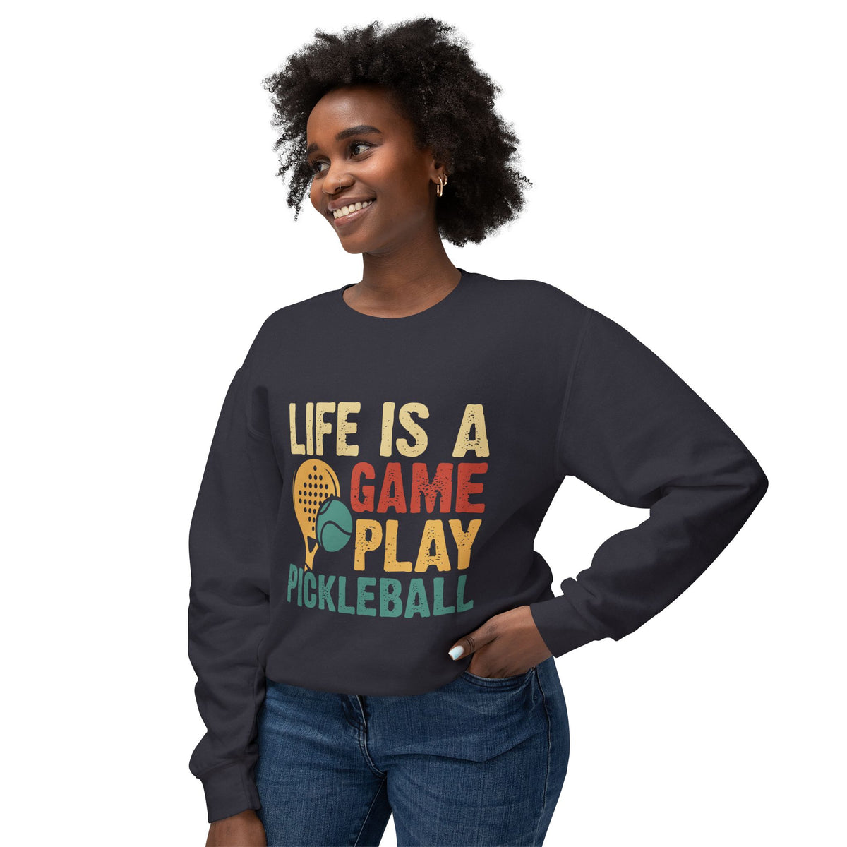 'Life is a Game Play Pickleball' Unisex Lightweight Crewneck Sweatshirt