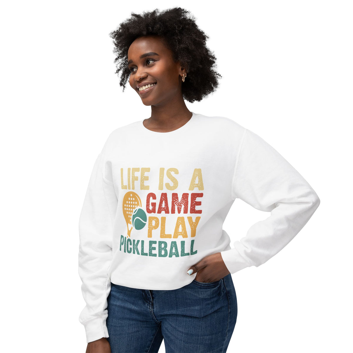 'Life is a Game Play Pickleball' Unisex Lightweight Crewneck Sweatshirt