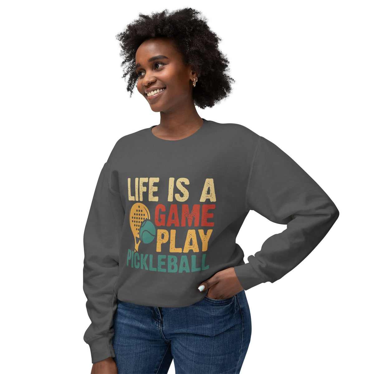 'Life is a Game Play Pickleball' Unisex Lightweight Crewneck Sweatshirt